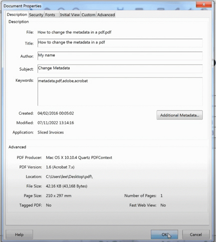 Screenshot Document Properties Adobe Acrobat